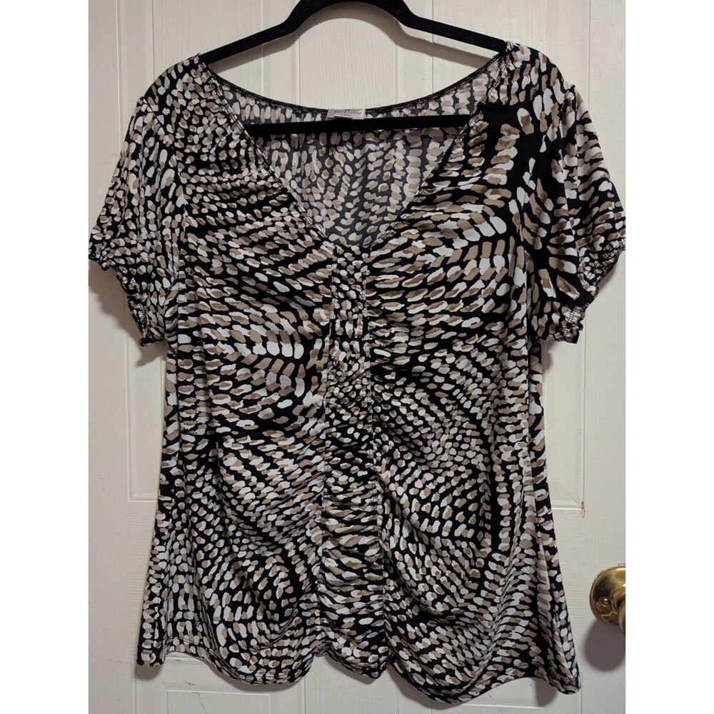 Worthington Stretch Ruched Abstract Blouse Top Short Sleeve XL Animal Print